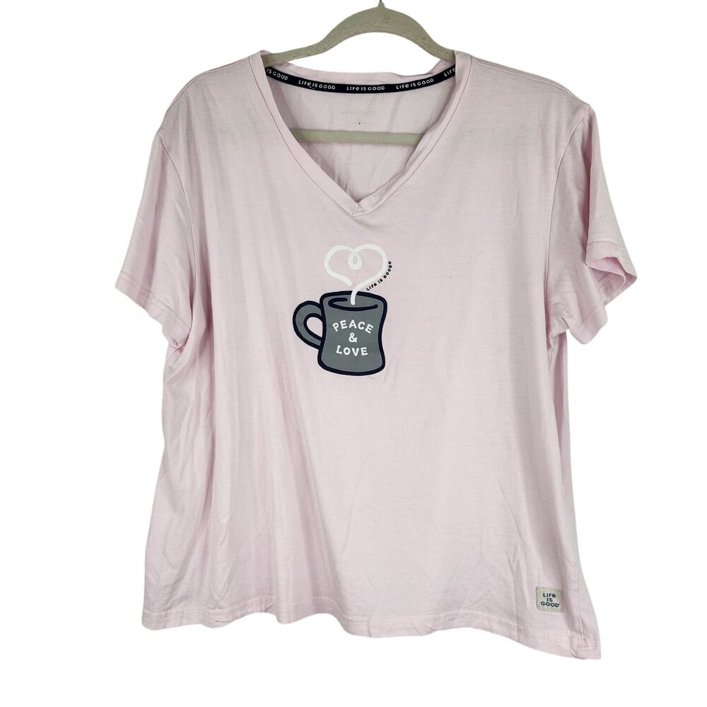 Life Is Good Short Sleeve V-Neck Tee in Light Pink with Coffee Mug Graphic